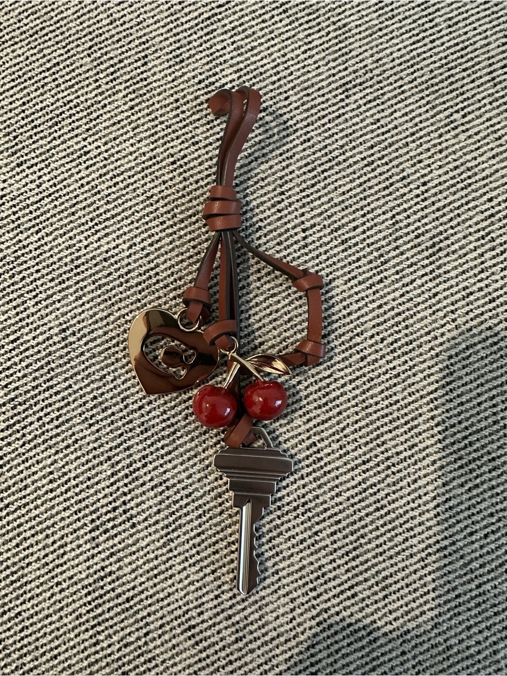 Authentic Coach Brown Leather Key Chain Charm with Heart, Cherry, and Key